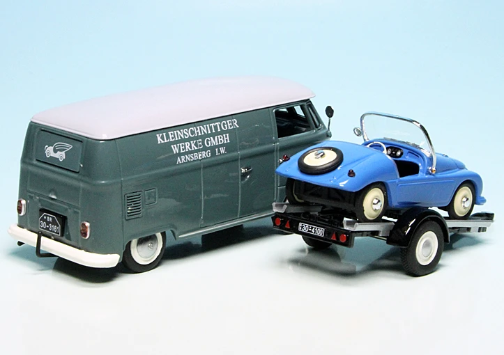 Schuco VW T1 Bulli Kastenwagen Mit PKW-Anhänger Und Kleinschnittger F125 "Kleinschnittger-Werke" 2 Schuco VW T1 Bulli Kastenwagen Mit PKW-Anhänger Und Kleinschnittger F125 "Kleinschnittger-Werke" – Bild 2